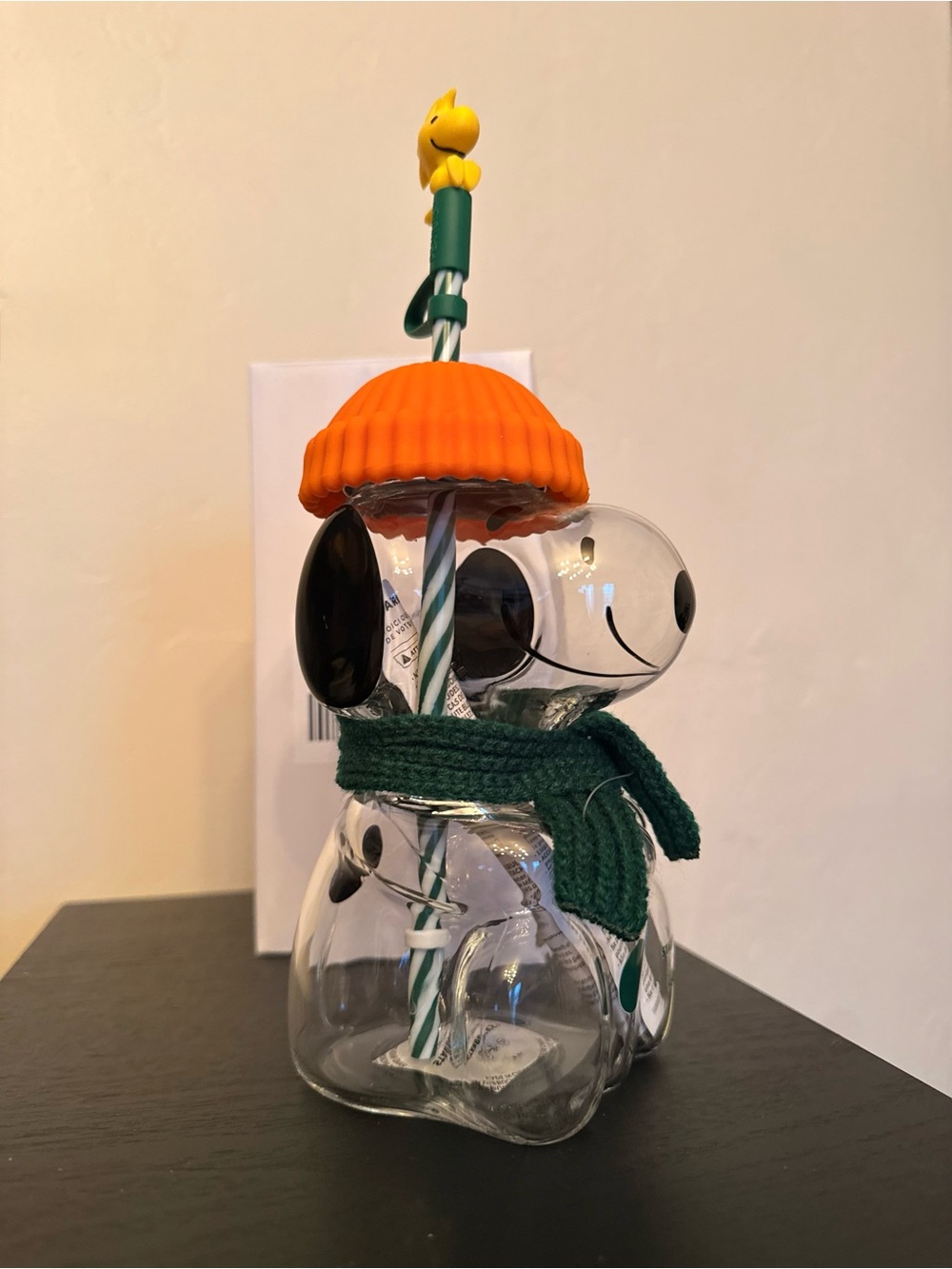 Starbucks + Peanuts Snoopy Glass Cup with Orange Beanie and Green Scarf Bearista